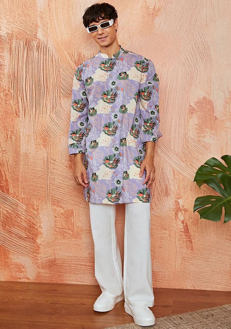Lavender Floral Print Cotton Kurta For Men