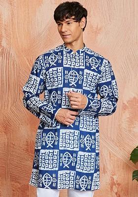 Blue Ethnic Motifs Cotton Kurta For Men