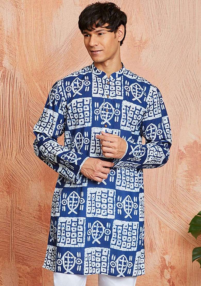 Blue Ethnic Motifs Cotton Kurta For Men - Indya