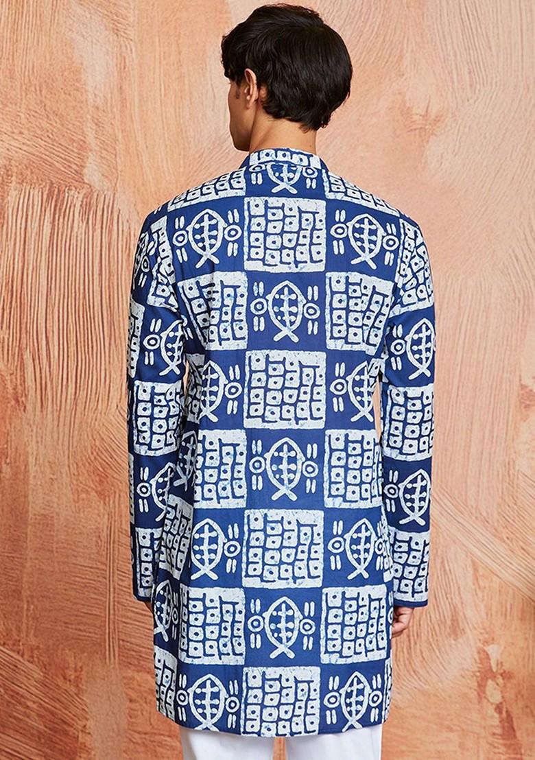 Blue Ethnic Motifs Cotton Kurta For Men