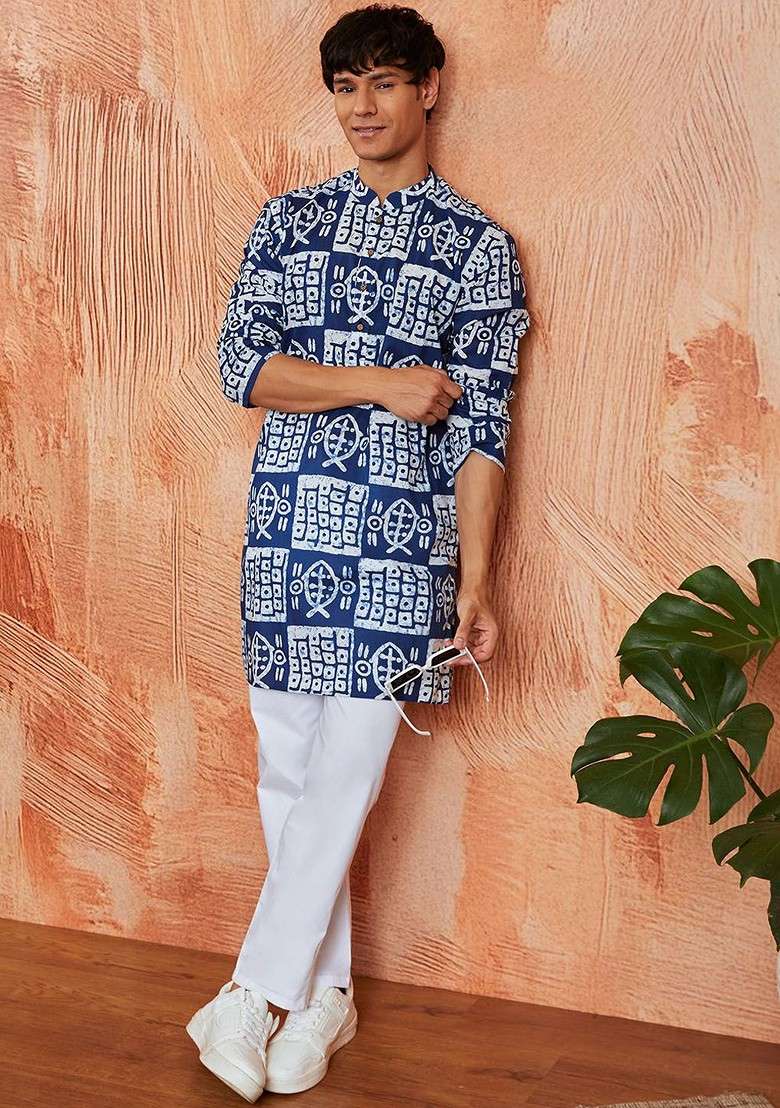 Blue Ethnic Motifs Cotton Kurta For Men - Indya