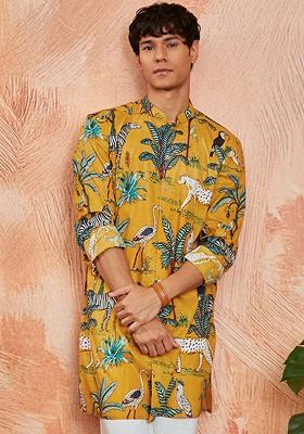 Mustard Floral Print Cotton Kurta For Men
