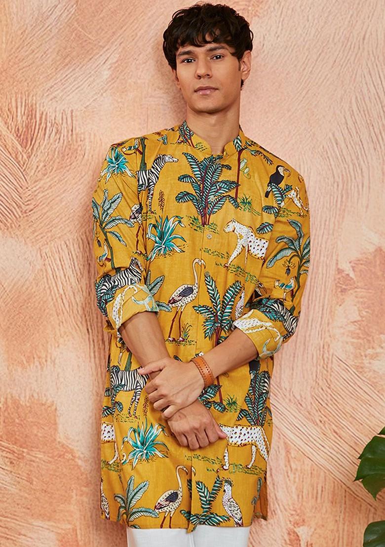 Mustard Floral Print Cotton Kurta For Men