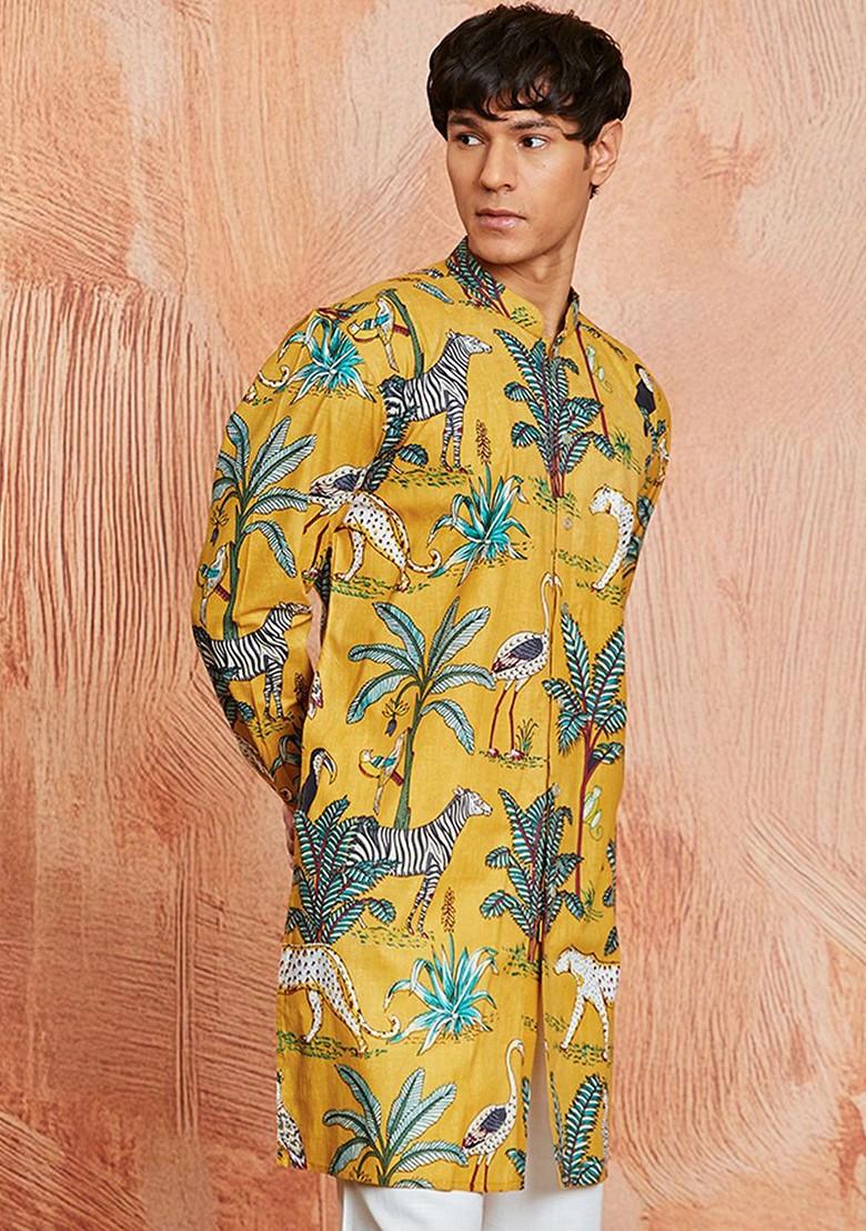 Mustard Floral Print Cotton Kurta For Men