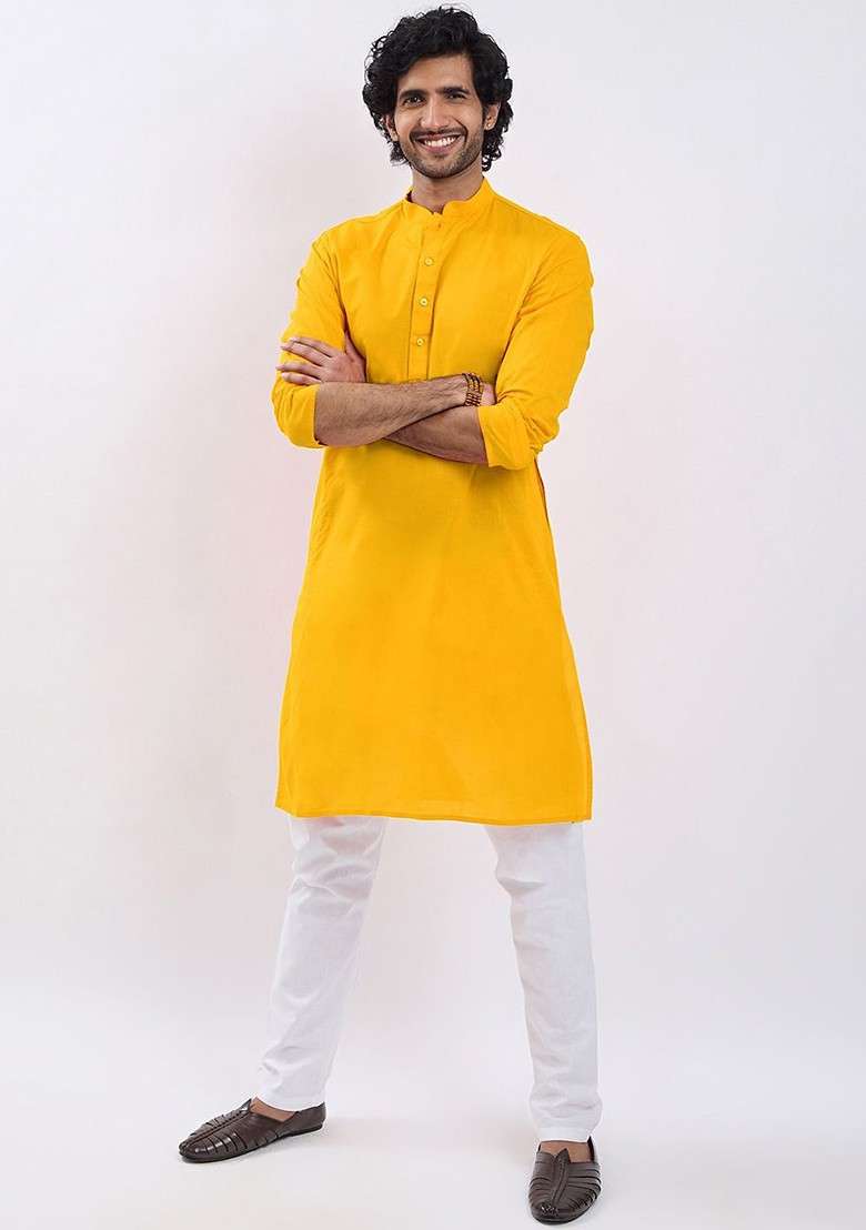 Yellow Solid Cotton Kurta For Men - Indya