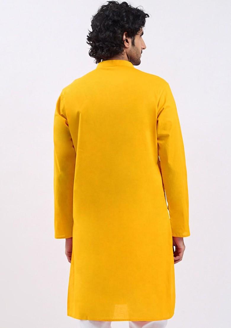 Yellow Solid Cotton Kurta For Men