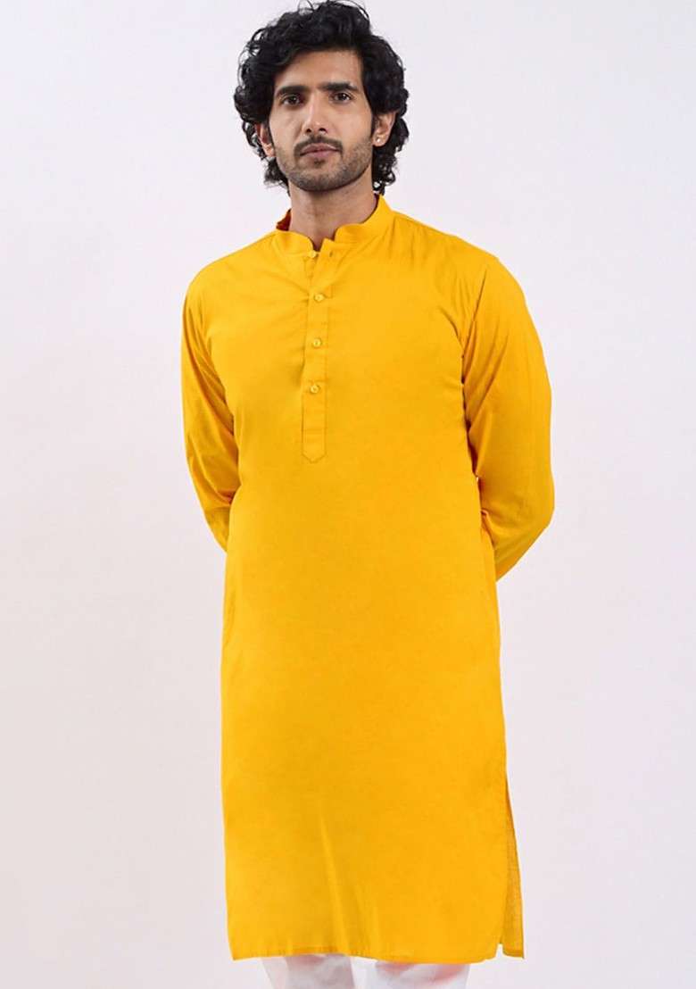 Yellow Solid Cotton Kurta For Men - Indya