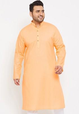 Orange Solid Cotton Kurta For Men