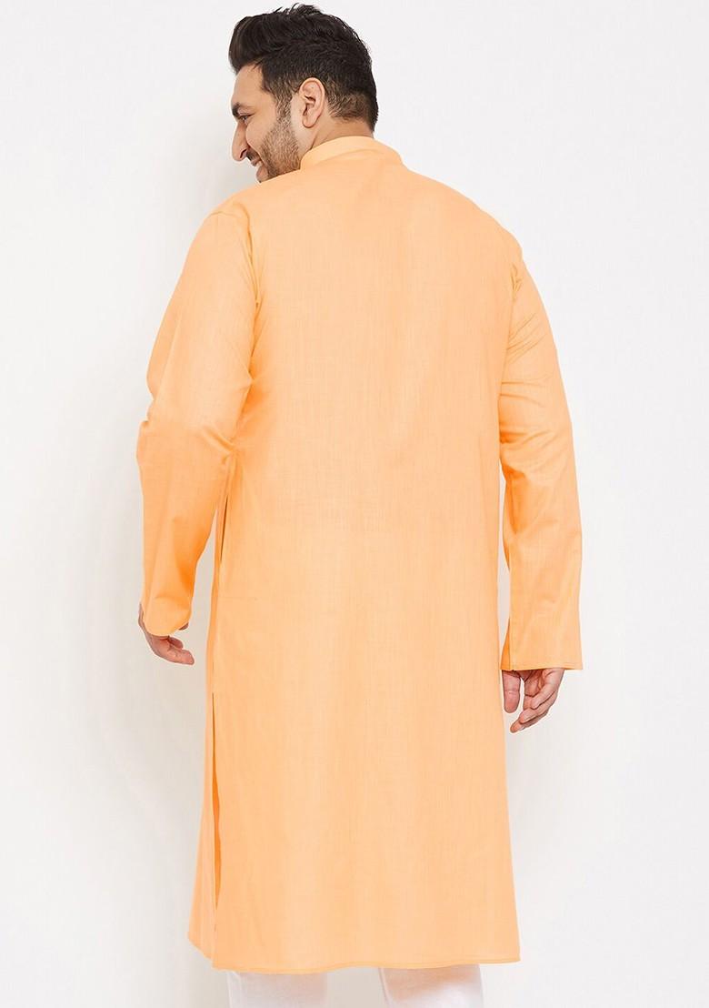 Orange Solid Cotton Kurta For Men