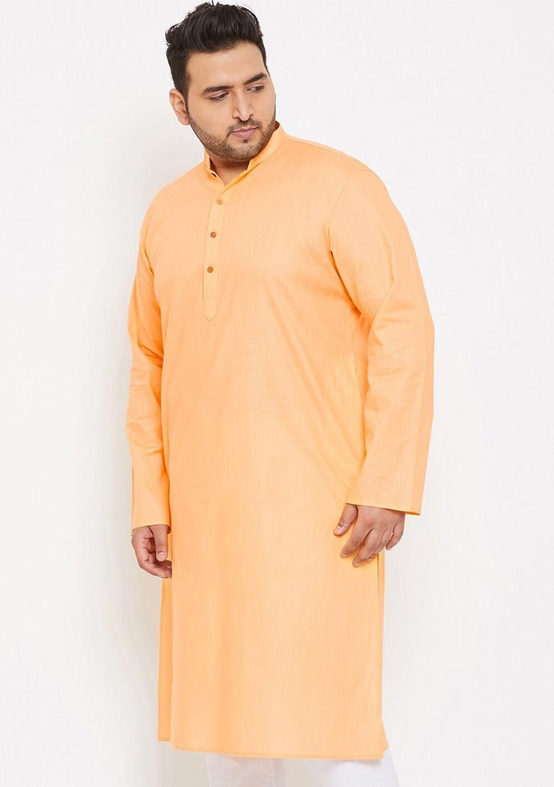 Orange Solid Cotton Kurta For Men