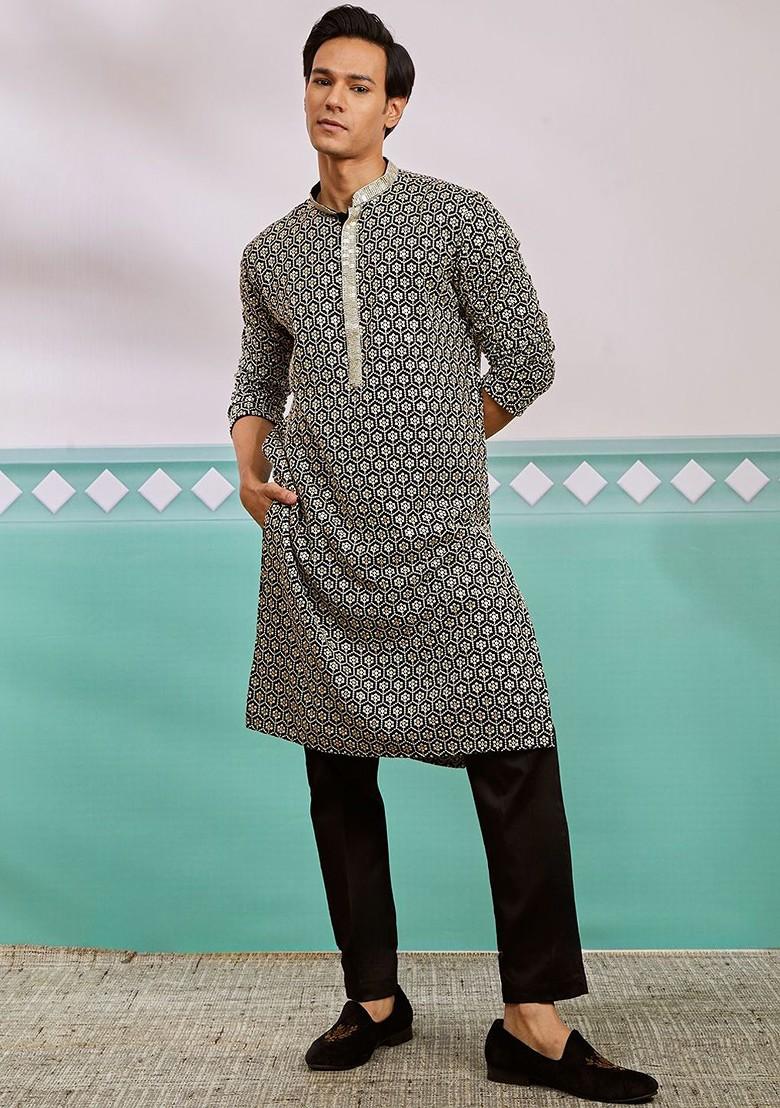 Black Embroidered Poly Blend Kurta For Men