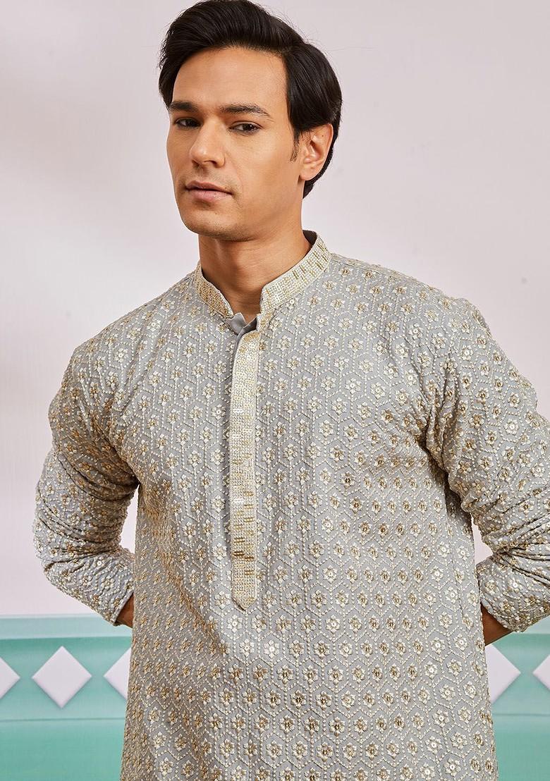 Grey Embroidered Poly Blend Kurta For Men