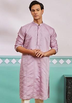 Pink Embroidered Poly Blend Kurta For Men