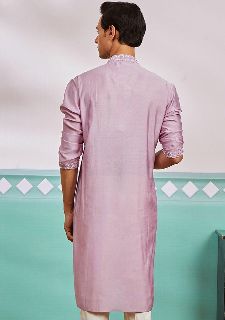 Pink Embroidered Poly Blend Kurta For Men