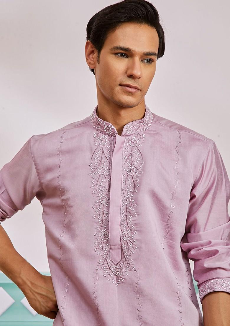 Pink Embroidered Poly Blend Kurta For Men