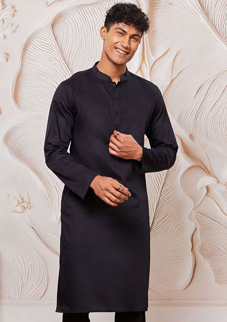 Black Geometric Print Poly Blend Kurta For Men - Indya