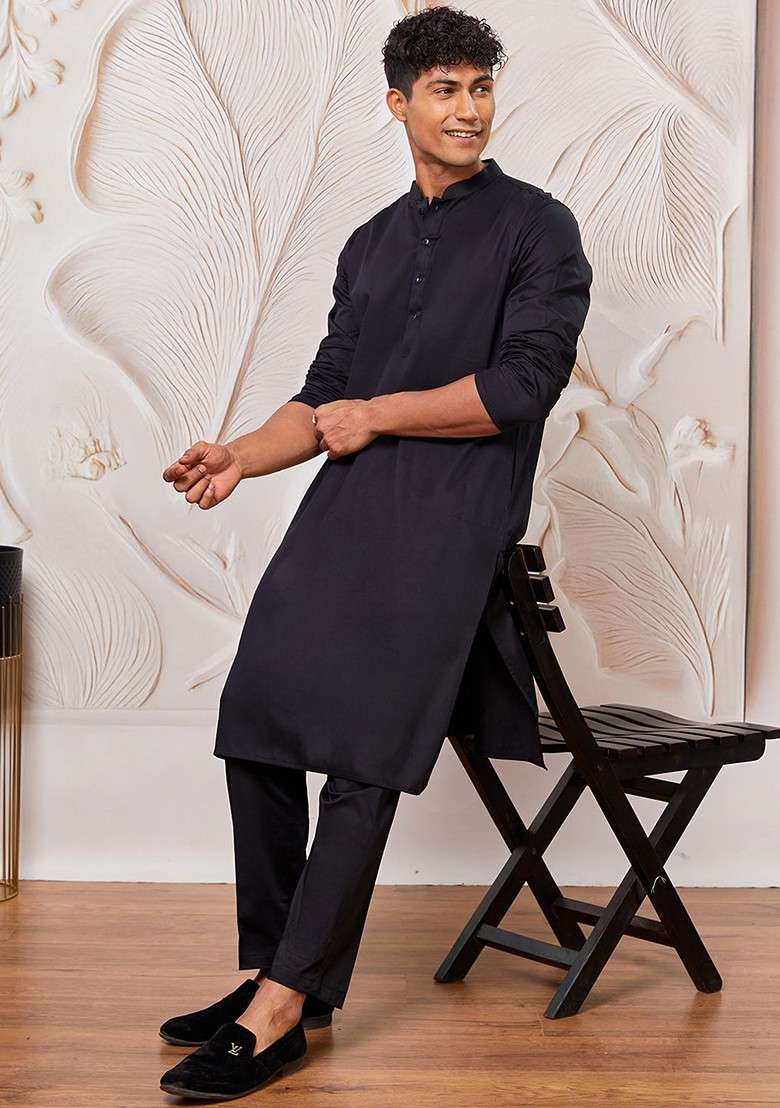 Black Geometric Print Poly Blend Kurta For Men - Indya