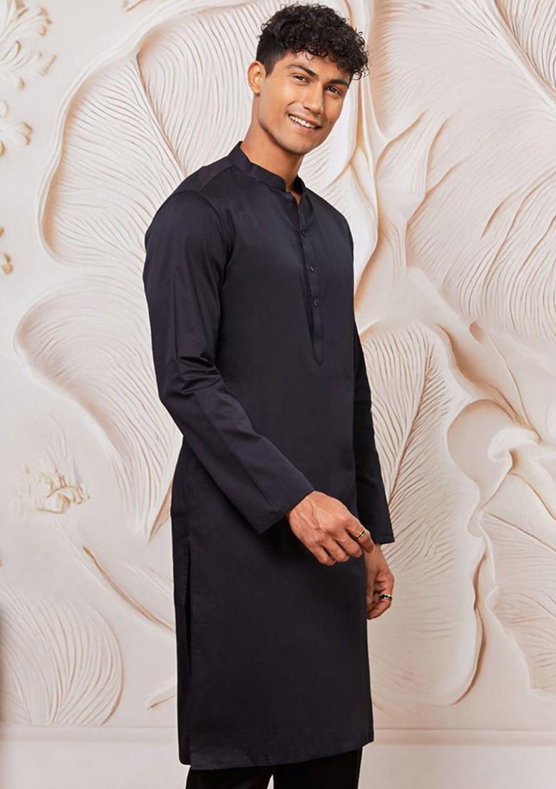 Black Geometric Print Poly Blend Kurta For Men