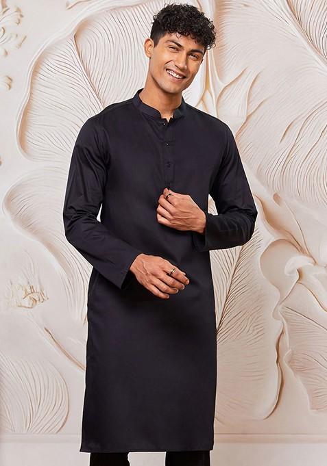 Black Geometric Print Poly Blend Kurta For Men — view on Indya
