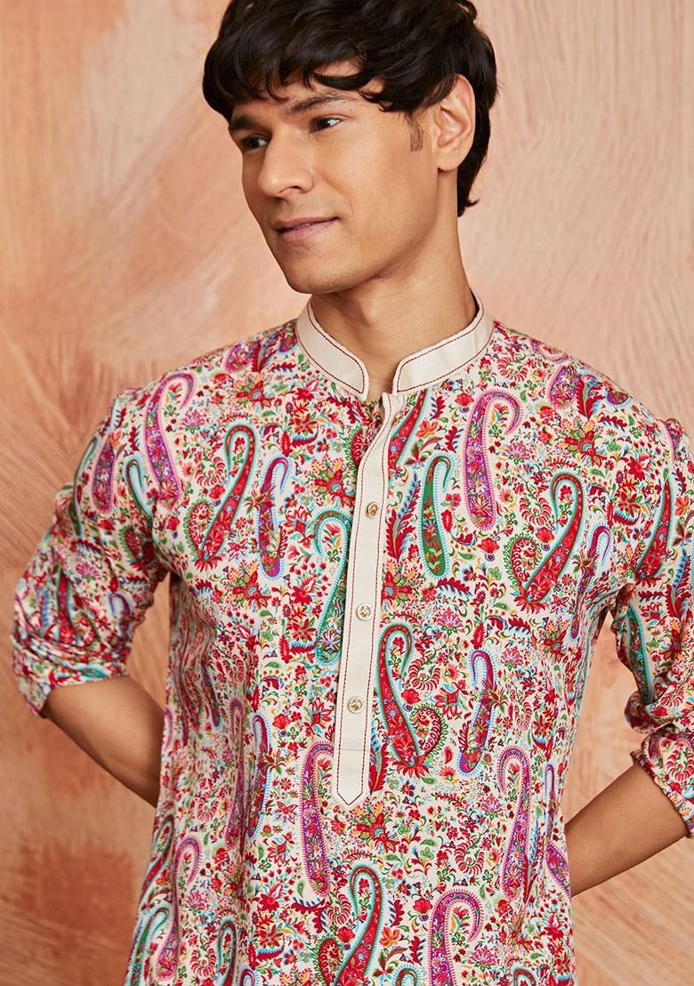 Cream Printed Crepe Kurta For Men