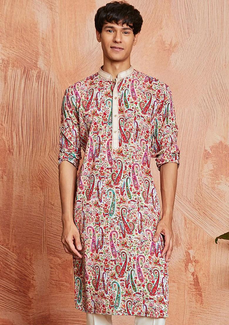 Cream Printed Crepe Kurta For Men