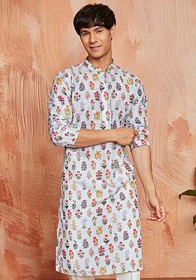 Blue Floral Print Poly Blend Kurta For Men