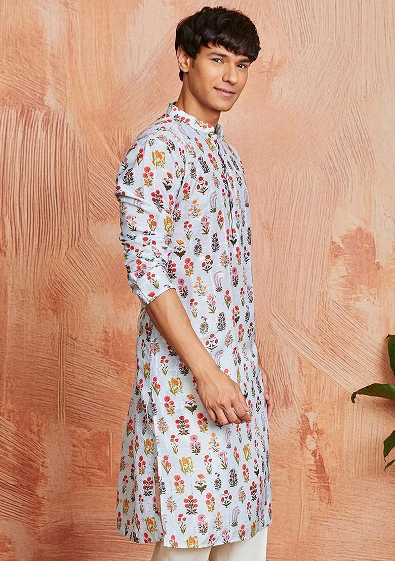 Blue Floral Print Poly Blend Kurta For Men