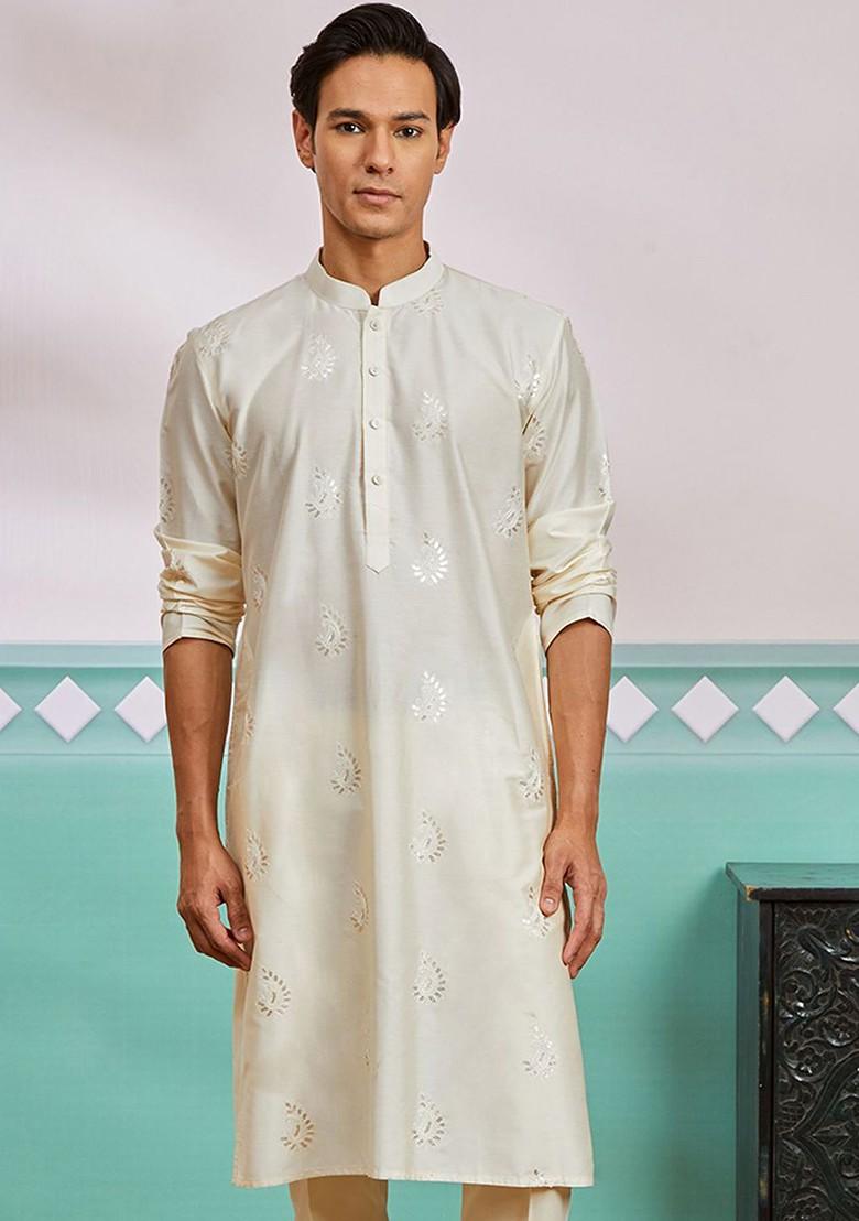 Cream Embroidered Poly Blend Kurta For Men