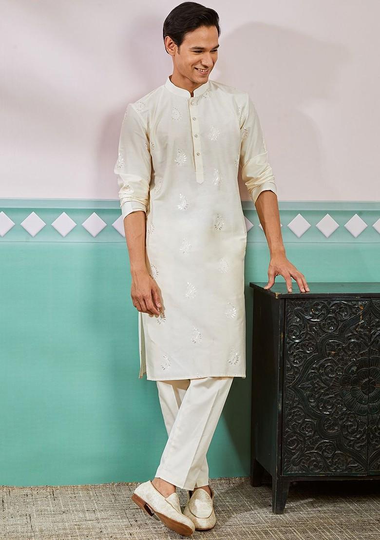 Cream Embroidered Poly Blend Kurta For Men