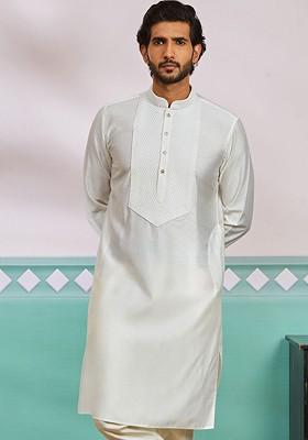 White Geometric Print Poly Blend Kurta For Men