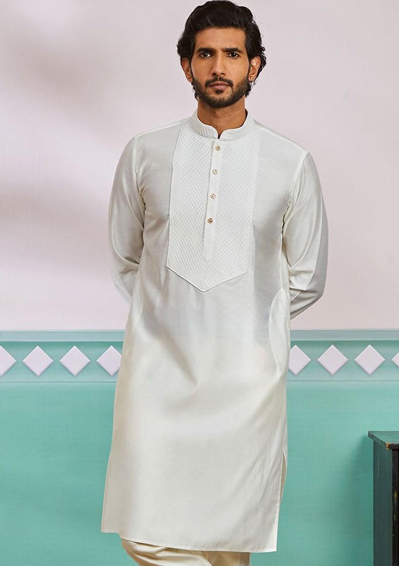White Geometric Print Poly Blend Kurta For Men