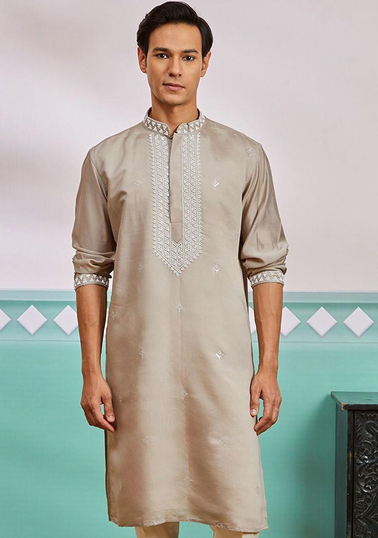 Grey Geometric Print Poly Blend Kurta For Men