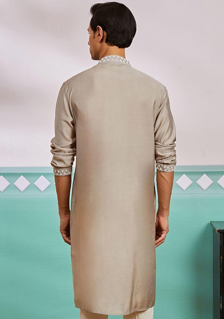 Grey Geometric Print Poly Blend Kurta For Men