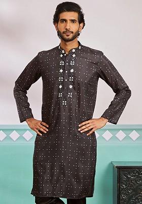 Black Embroidered Poly Blend Kurta For Men