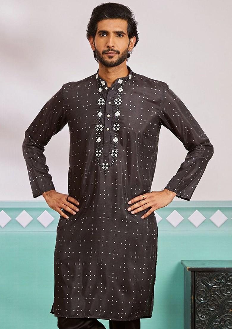 Black Embroidered Poly Blend Kurta For Men