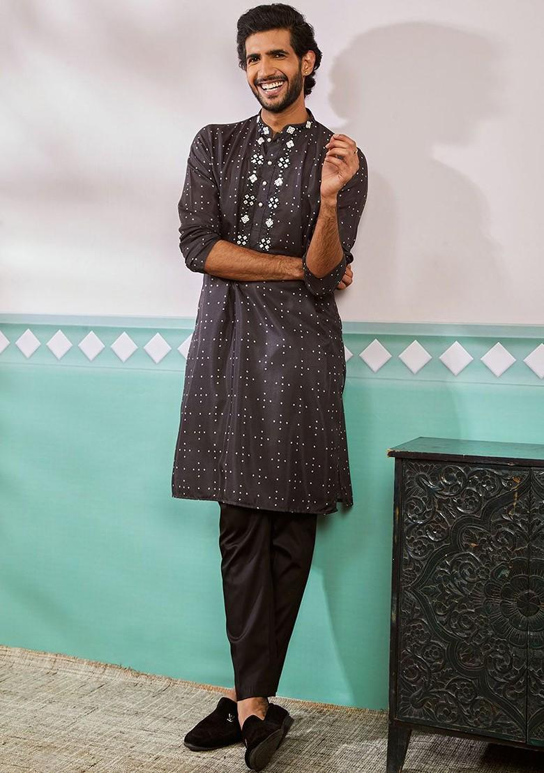 Black Embroidered Poly Blend Kurta For Men
