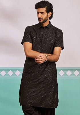 Black Embellished Pathani Kurta For Men