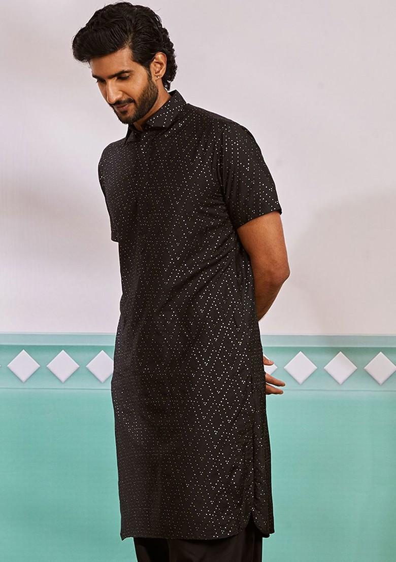 Black Embellished Pathani Kurta For Men