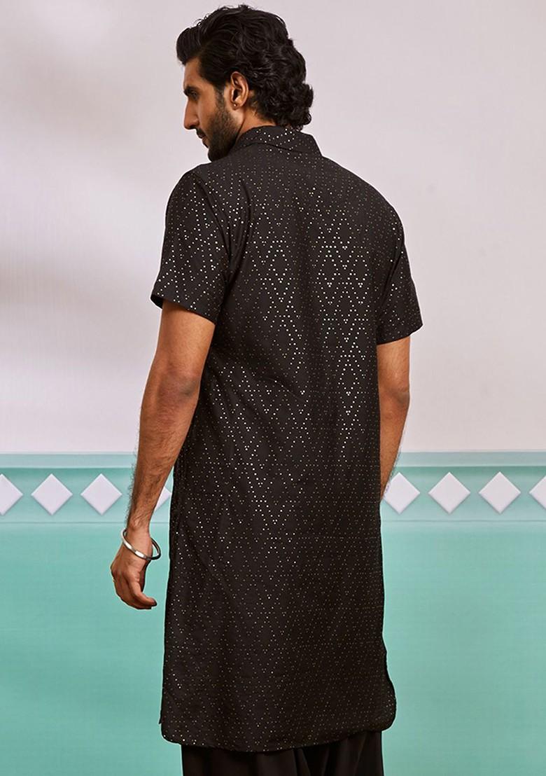 Black Embellished Pathani Kurta For Men