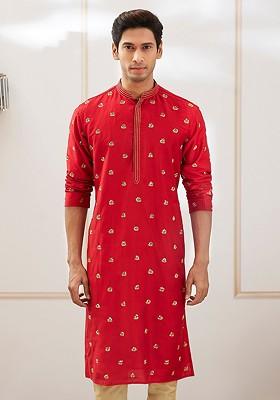 Red Floral Print Poly Blend Kurta For Men