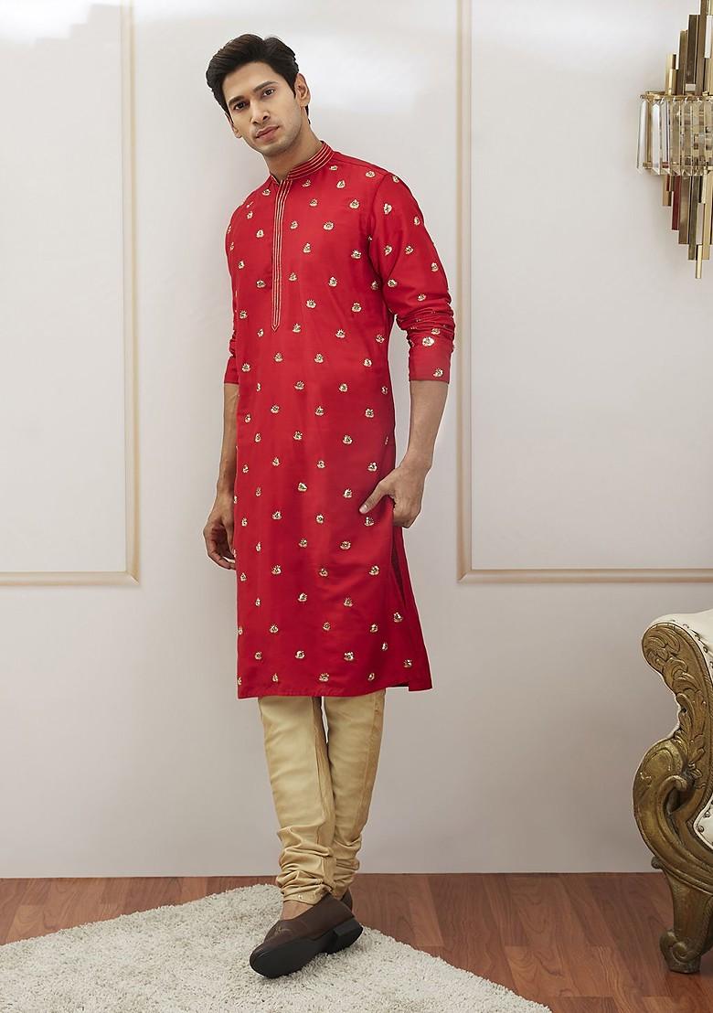 Red Floral Print Poly Blend Kurta For Men