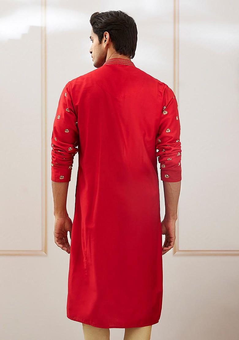 Red Floral Print Poly Blend Kurta For Men