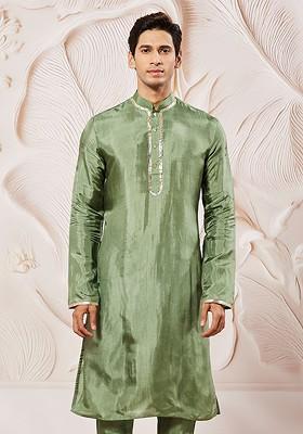 Green Sequin Work Silk Kurta For Men