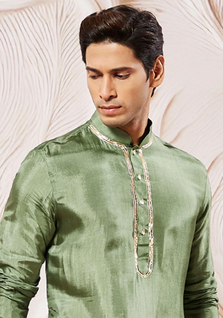 Green Sequin Work Silk Kurta For Men