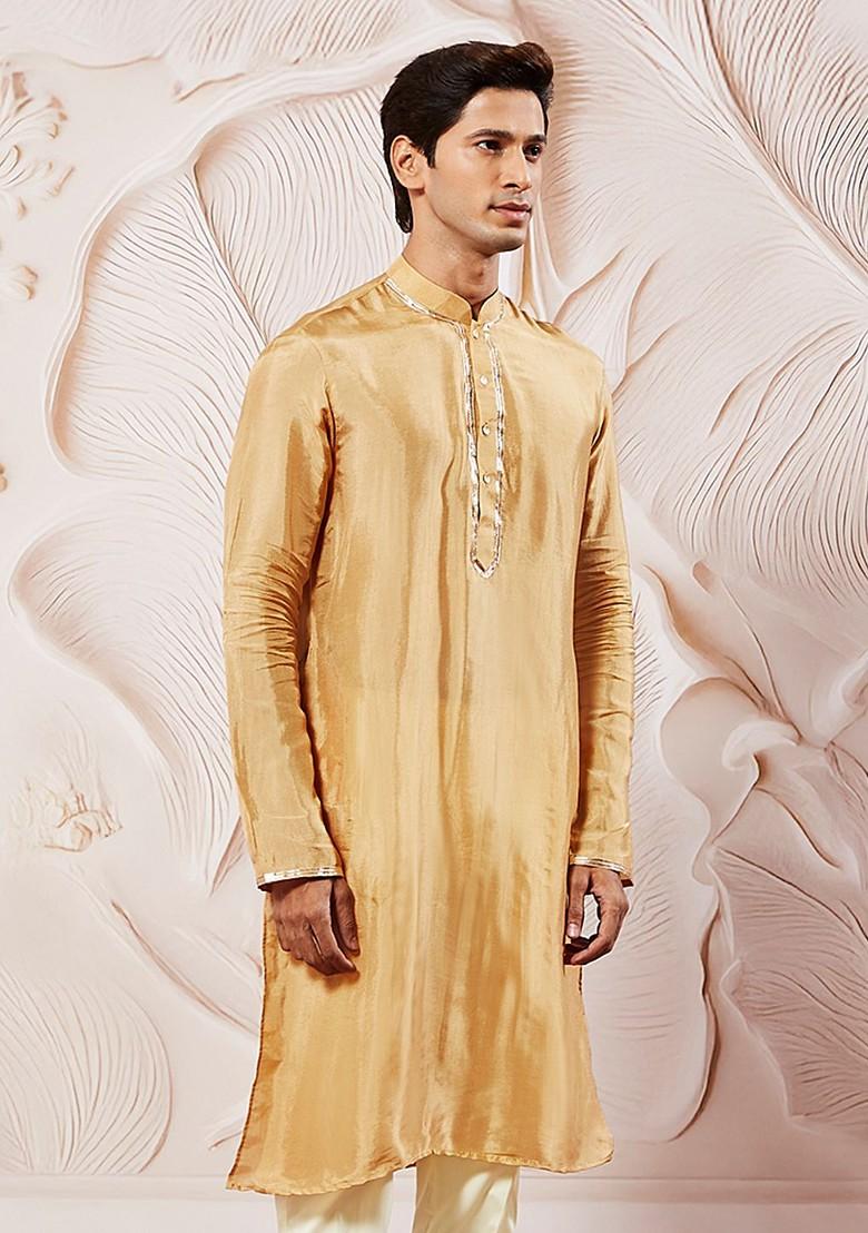Gold Sequin Work Silk Kurta For Men