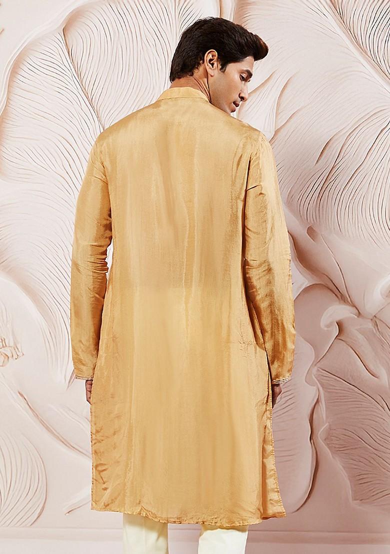Gold Sequin Work Silk Kurta For Men