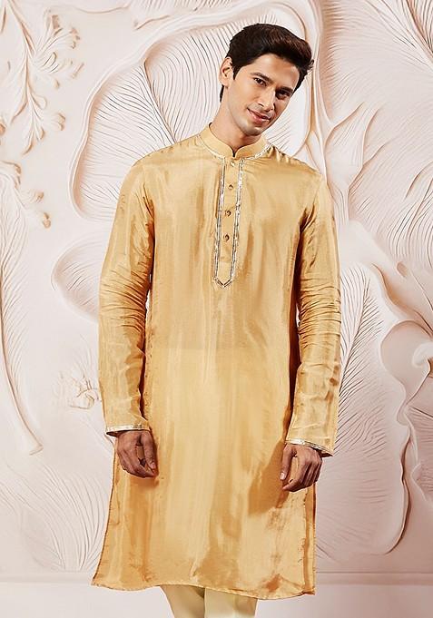 Gold Sequin Work Silk Kurta For Men
