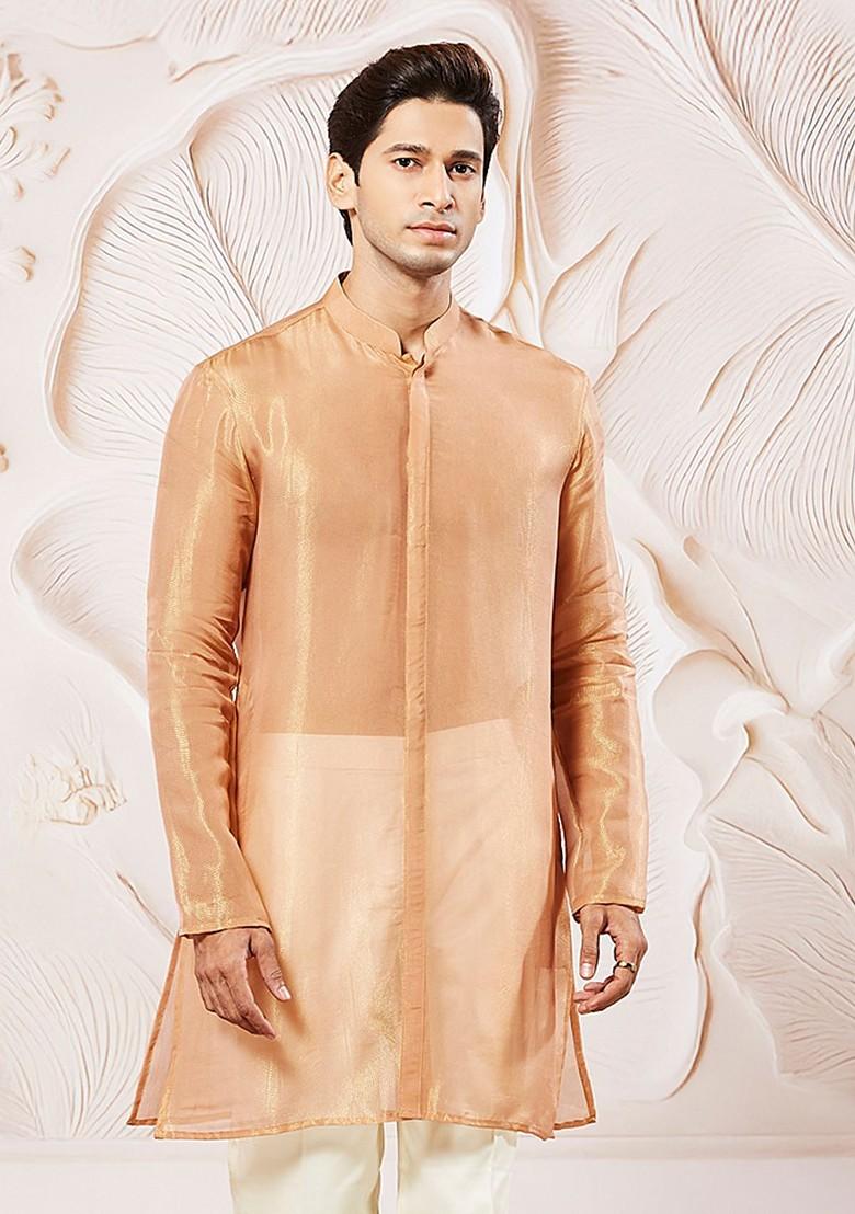 Rust Solid Silk Kurta For Men