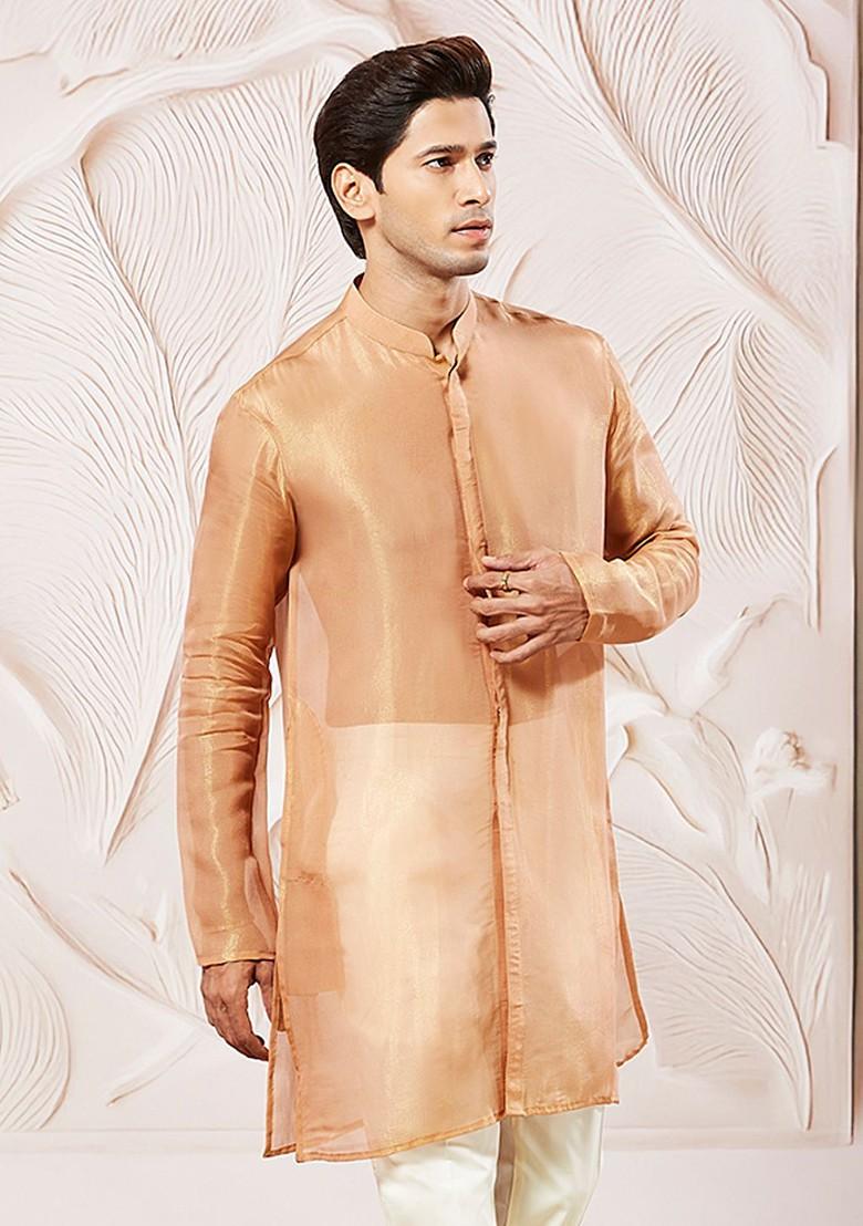 Rust Solid Silk Kurta For Men