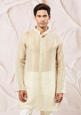 Beige Solid Silk Kurta For Men